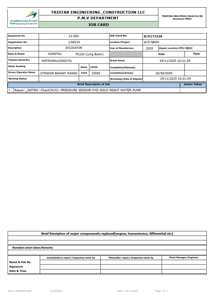 Excavator Repair Job Card Details | PDF