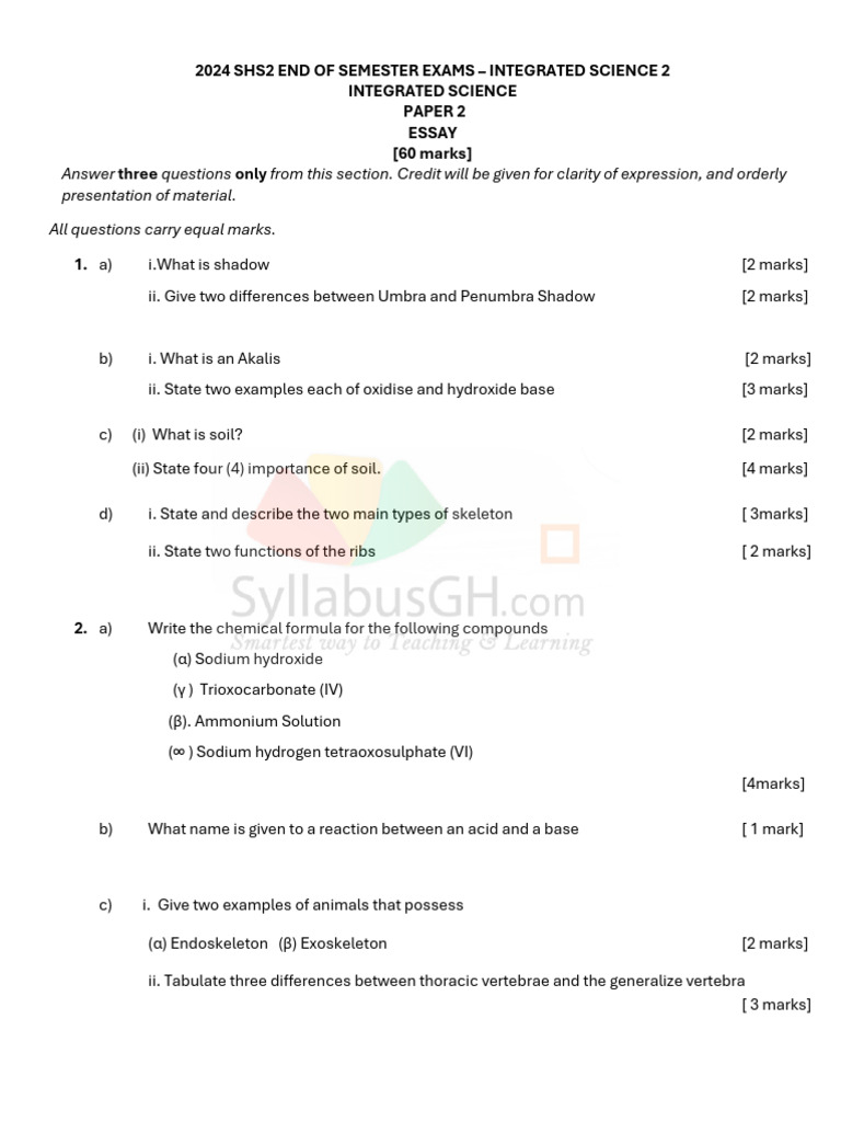 2024 SHS2 End of Semester - Integrated Science 2 | PDF | Chemistry ...