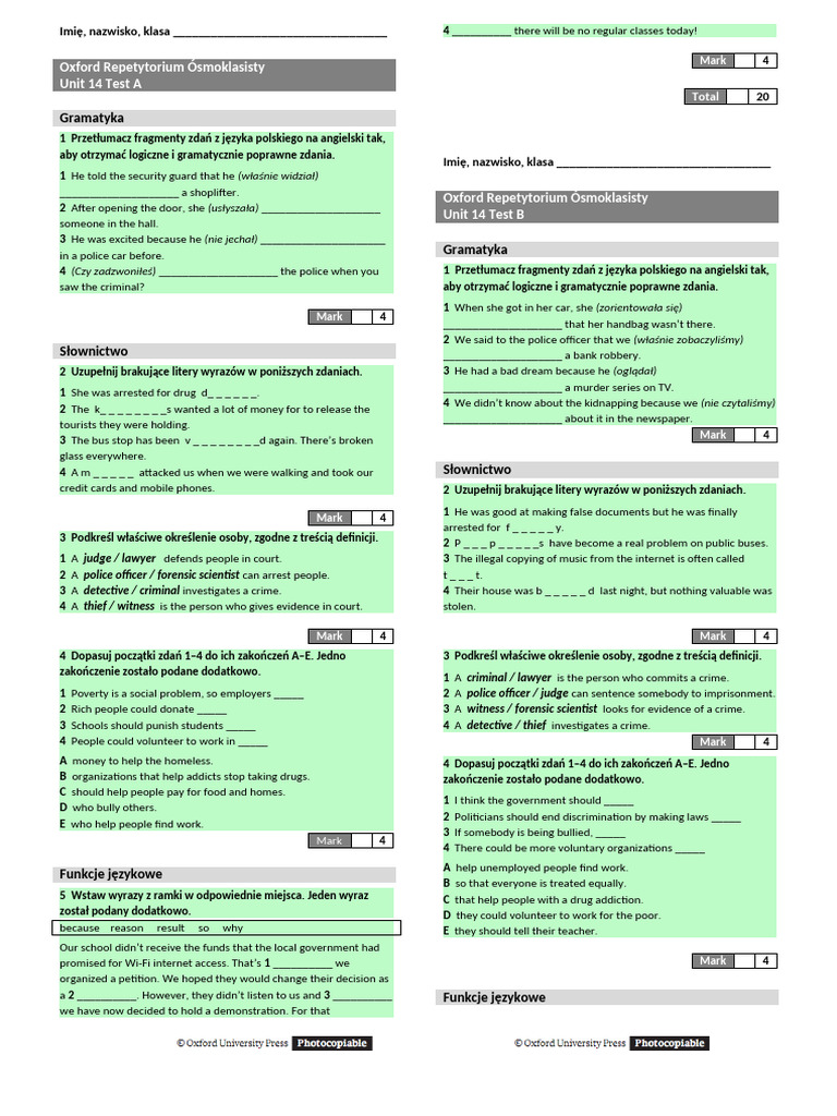 Oxford Repetytorium Ósmoklasisty Unit 14 Test | PDF | Detective ...