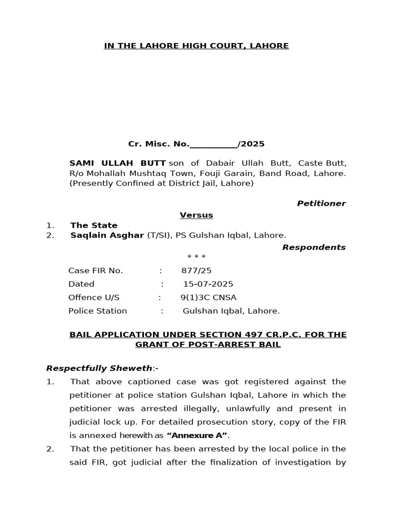 Sami Ullah Butt Bail Application High Court | PDF | Bail | Public Law