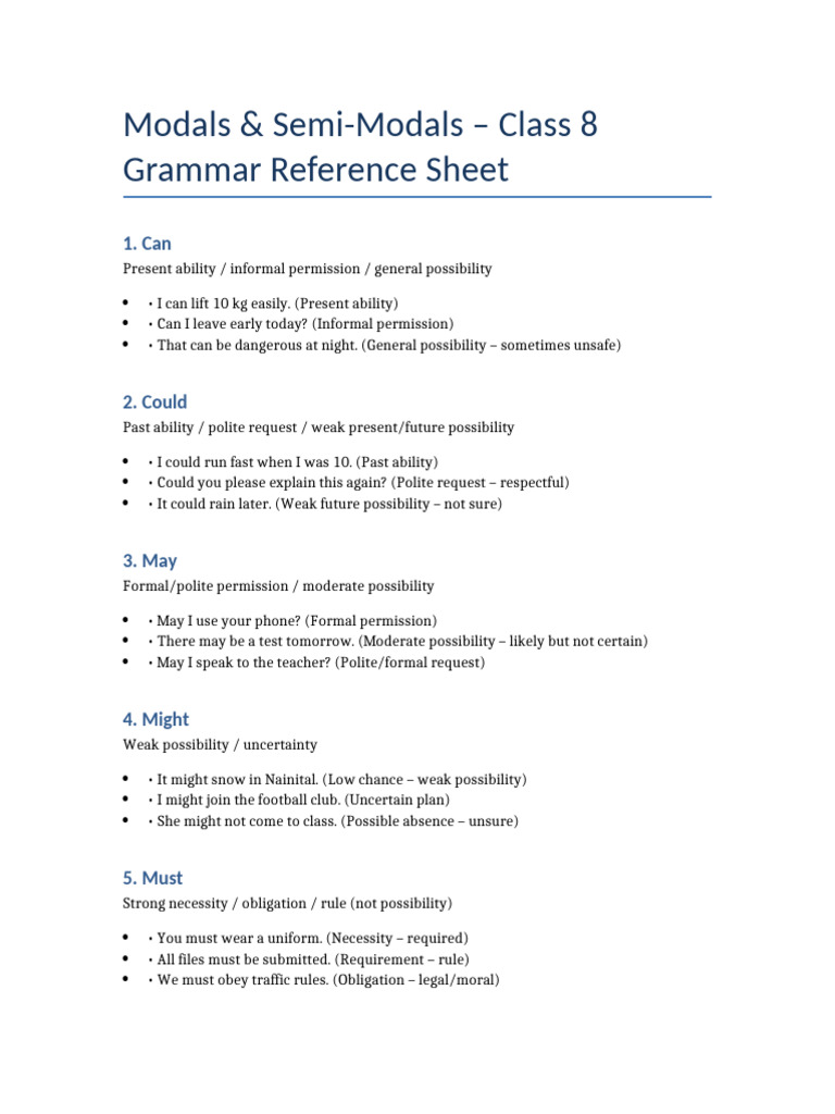 Modals and Semi-Modals for Class 8 | PDF