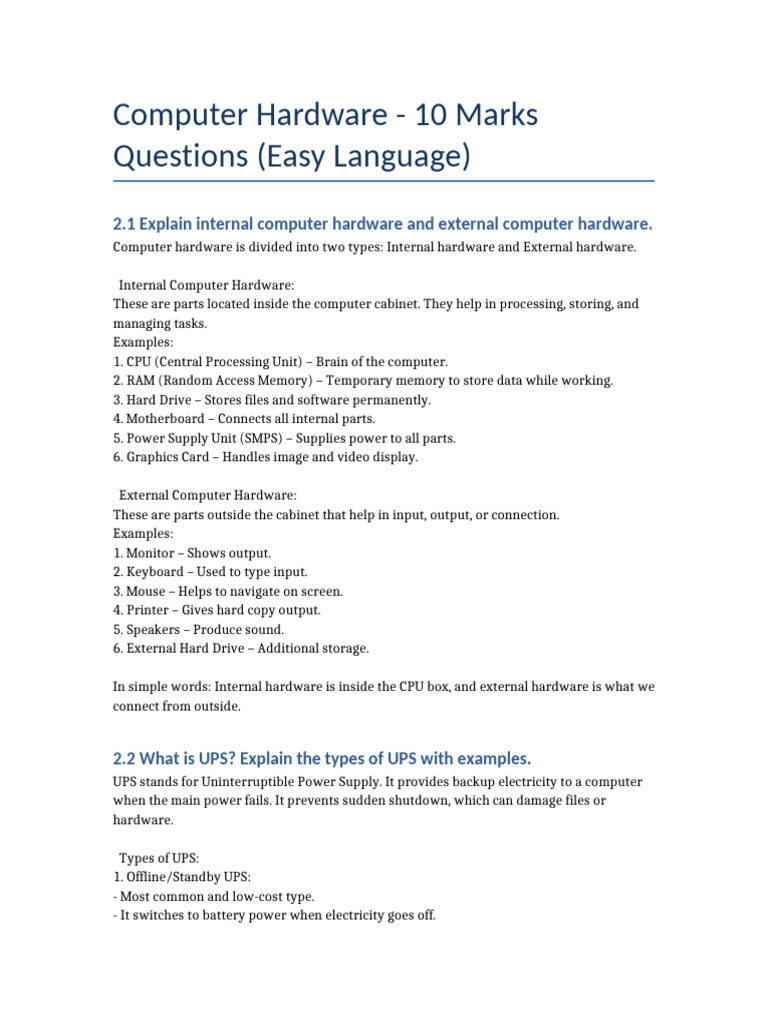 Computer Hardware 10 Marks Answers | PDF
