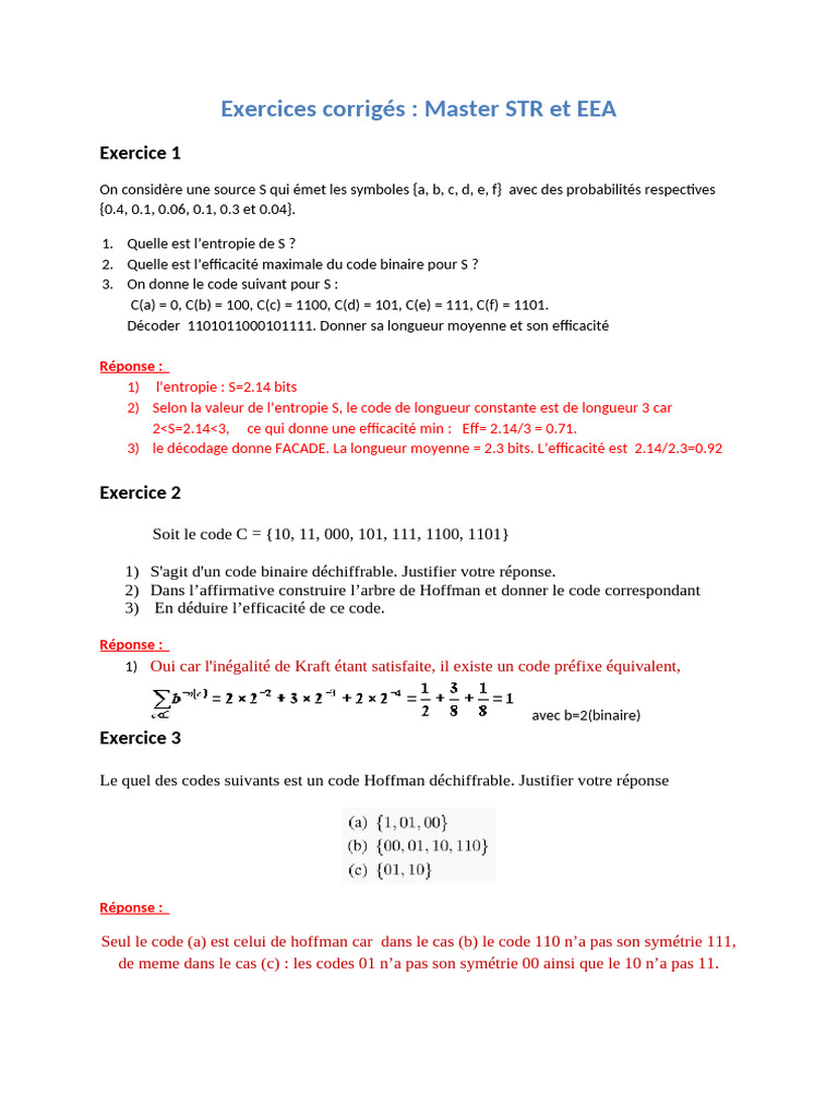 Exercices de codage entropique et Huffman | PDF | Notation | Entropie