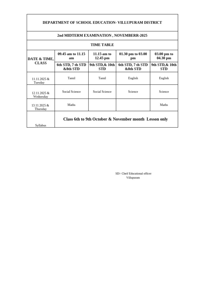 Villupuram District Midterm Exam Timetable | PDF
