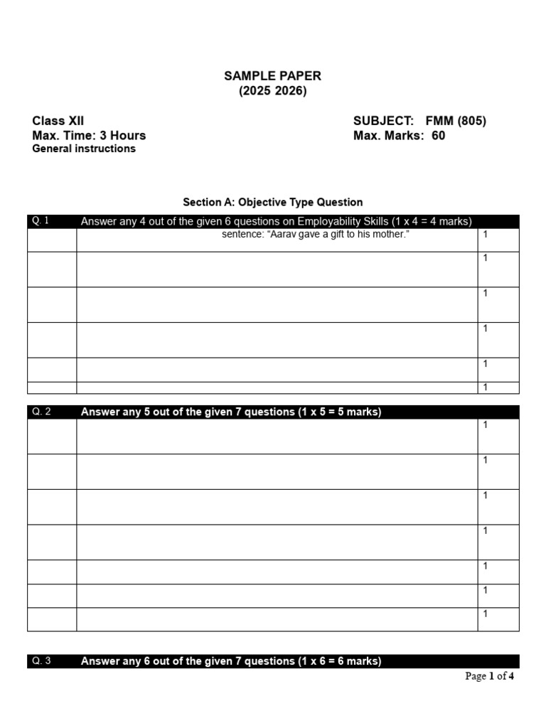 Class XII FMM Sample Paper 2025-2026 | PDF | Financial Markets | Economies