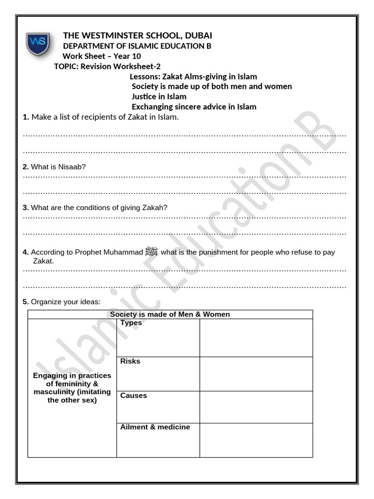 Year 10 Islamic Education Revision Worksheet | PDF