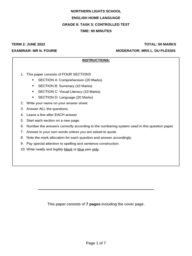 Grade 8 English Test Instructions | PDF | Linguistics