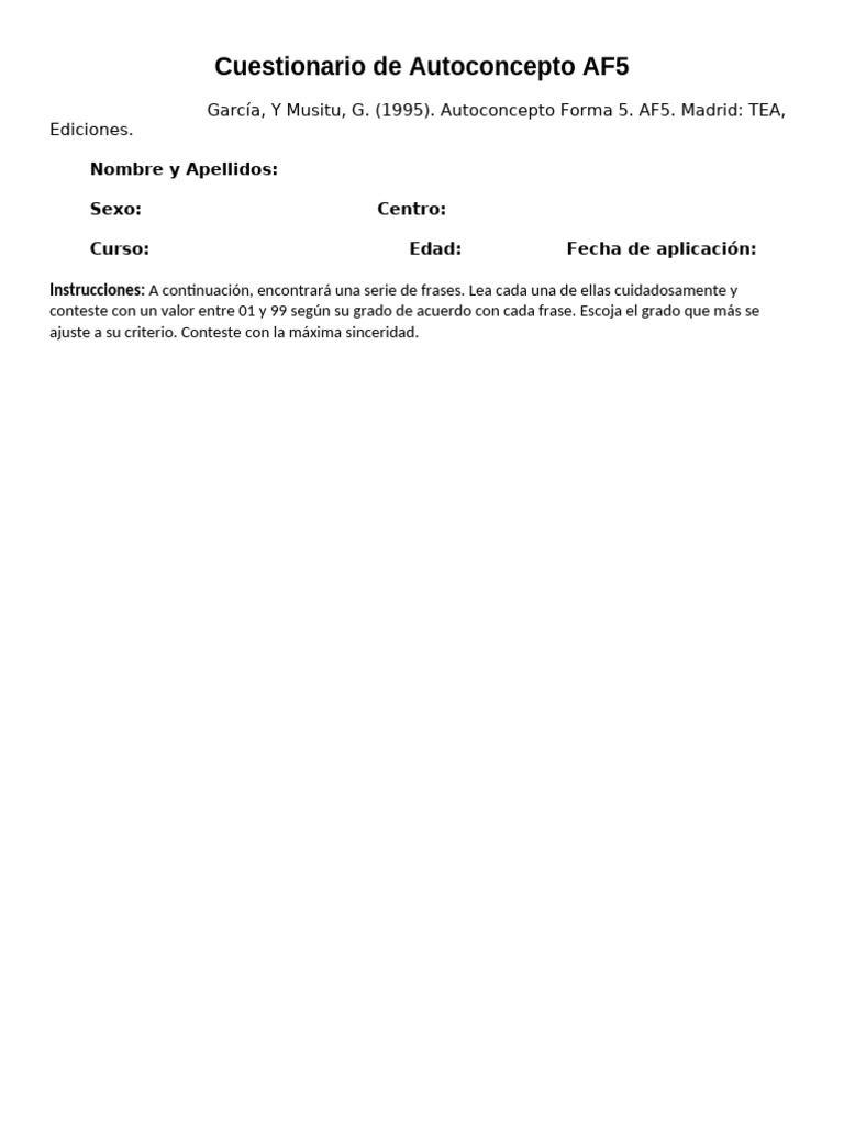 Cuestionario de Autoconcepto AF5 | PDF