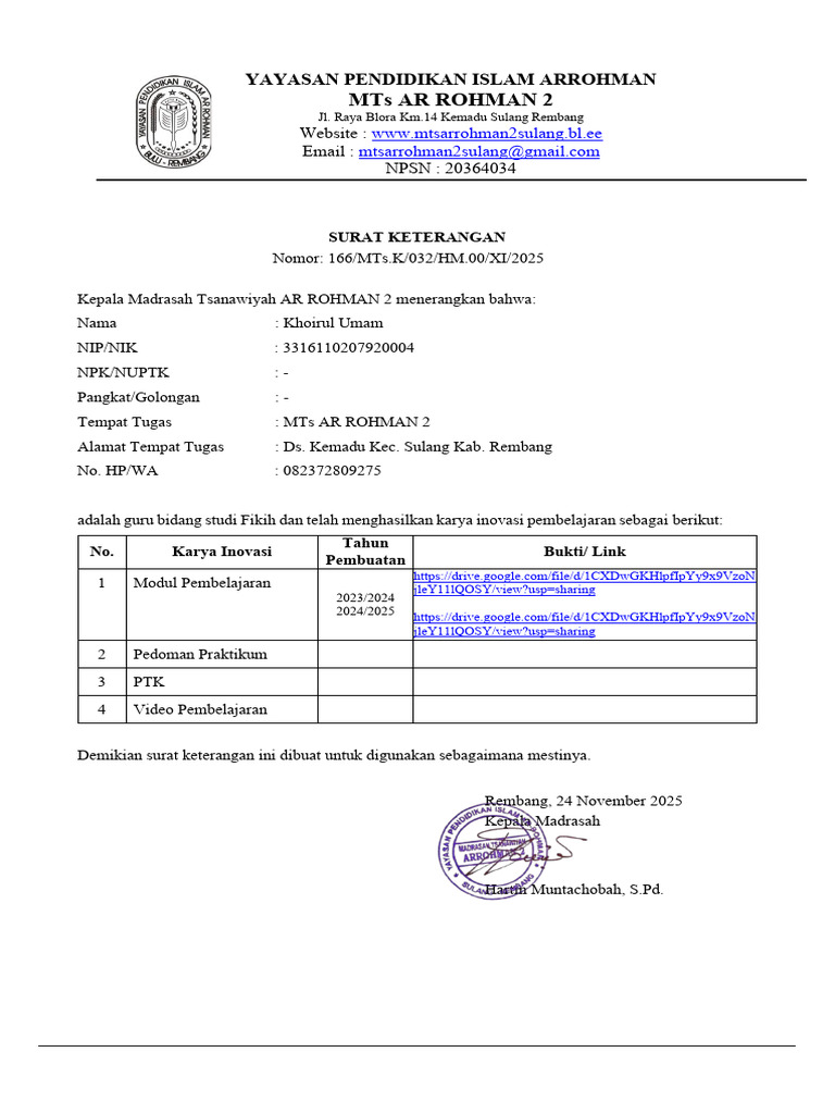 Surat Keterangan Guru Fikih MTs Ar Rohman 2 | PDF