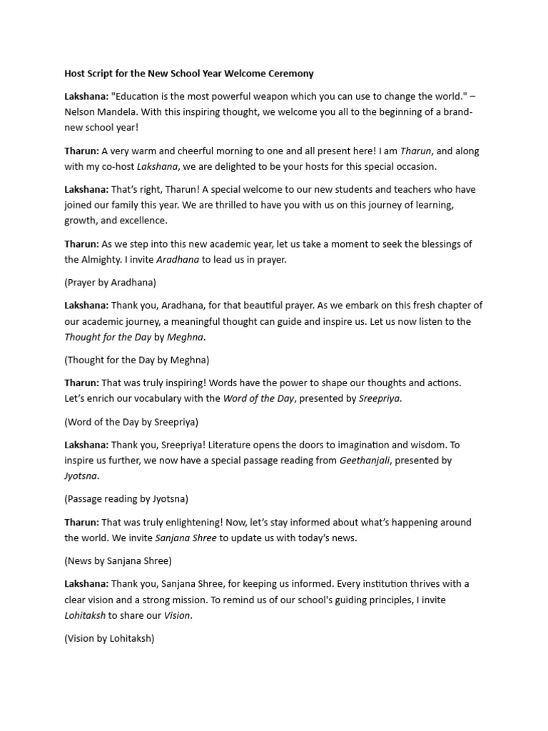 New School Year Welcome Ceremony Script | PDF