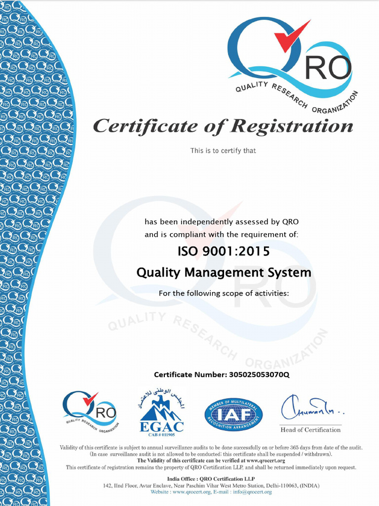ISO 9001:2015 Certification for FABTECH | PDF