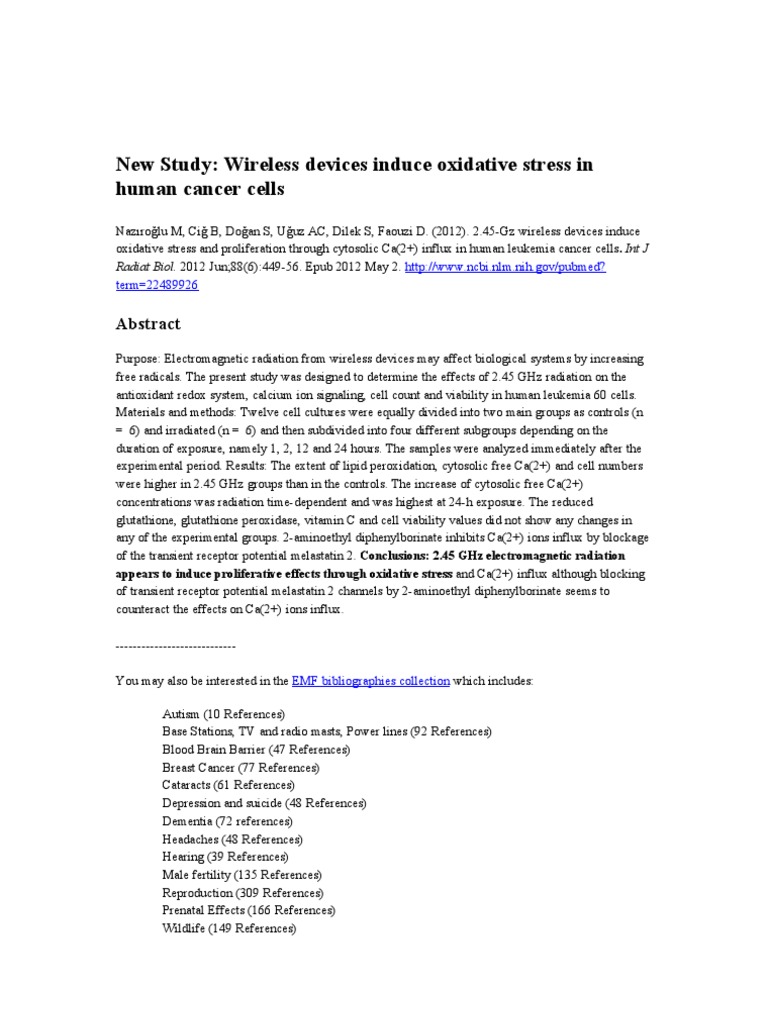 Wireless Radiation and Cancer Cell Stress | PDF