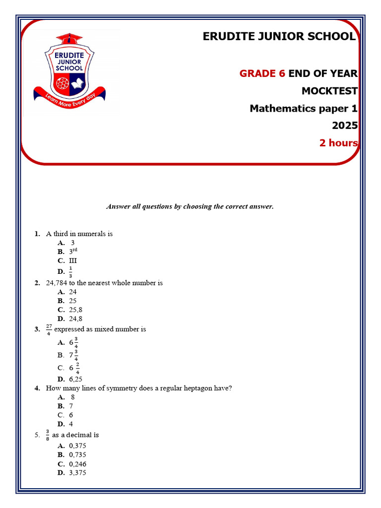 Grade 6 Mathematics Mock Test 2025 | PDF | Elementary Geometry ...
