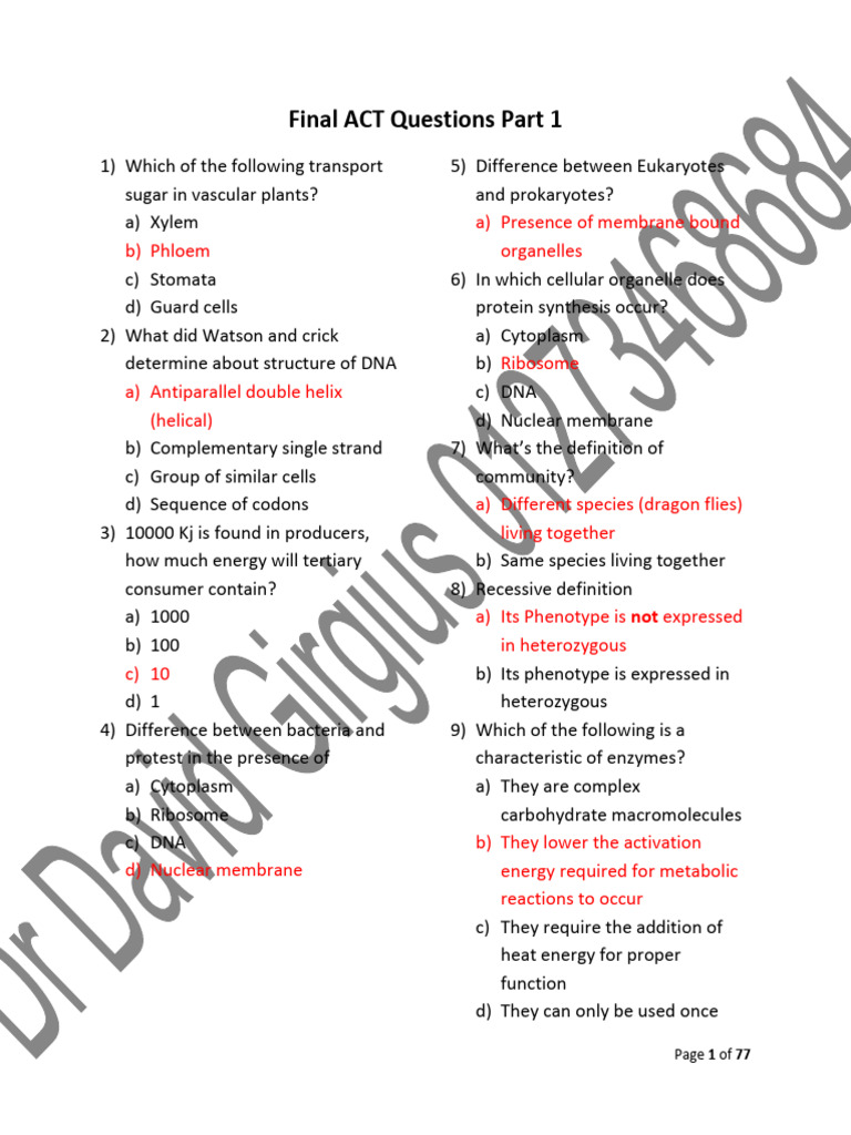 ACT Biology Practice Questions | PDF | Cell (Biology) | Meiosis