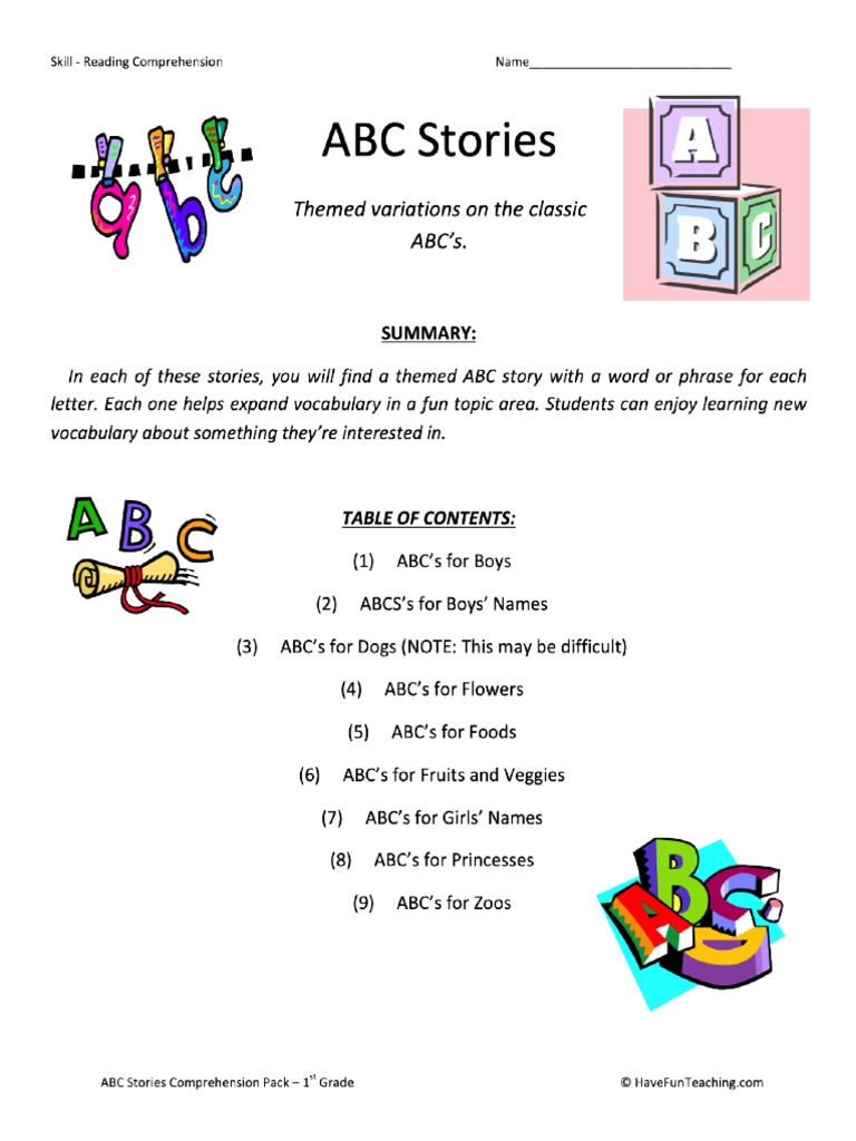 ABC Stories Collection First Grade Reading Comprehension Worksheets | PDF