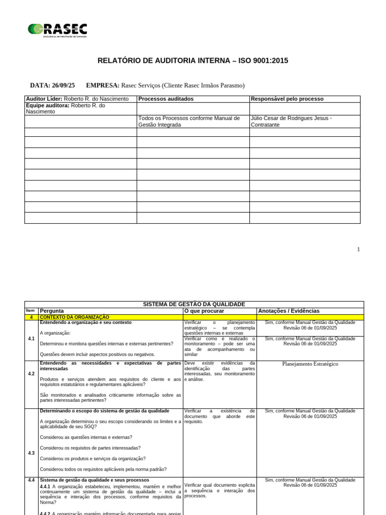 Auditoria Interna ISO 9001:2015 Rasec | PDF | Qualidade (negócios ...