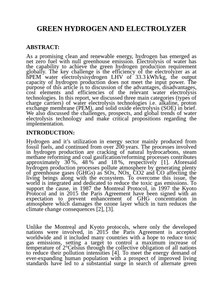 Green Hydrogen Production via Electrolysis | PDF | Hydrogen ...