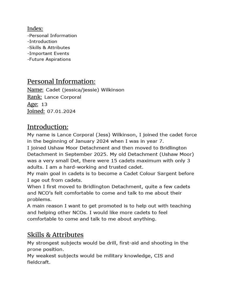 Cadet Journey of Lance Corporal Wilkinson | PDF