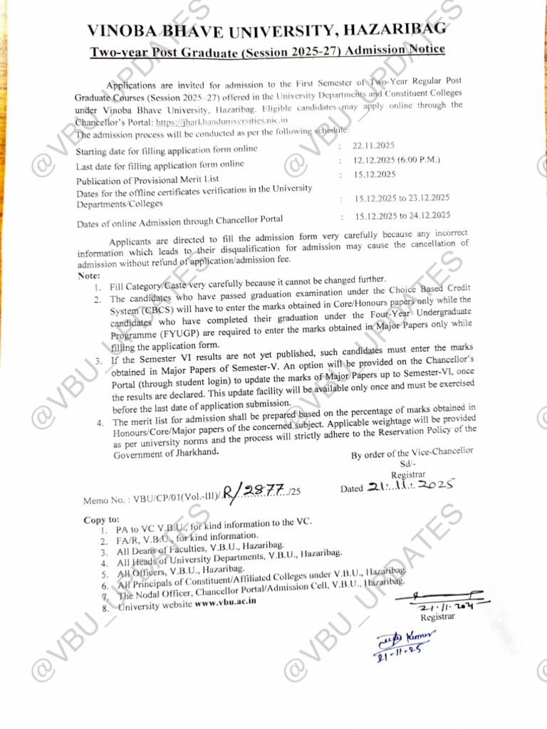 Admission Notice For PG Regular Courses Session 2025 27@vbu Updates ...