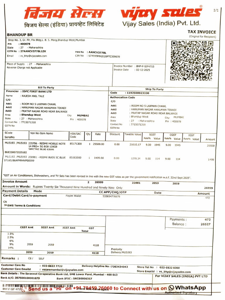 Bhandup Tax Invoice for Electronics Purchase | PDF | Banking | Payments