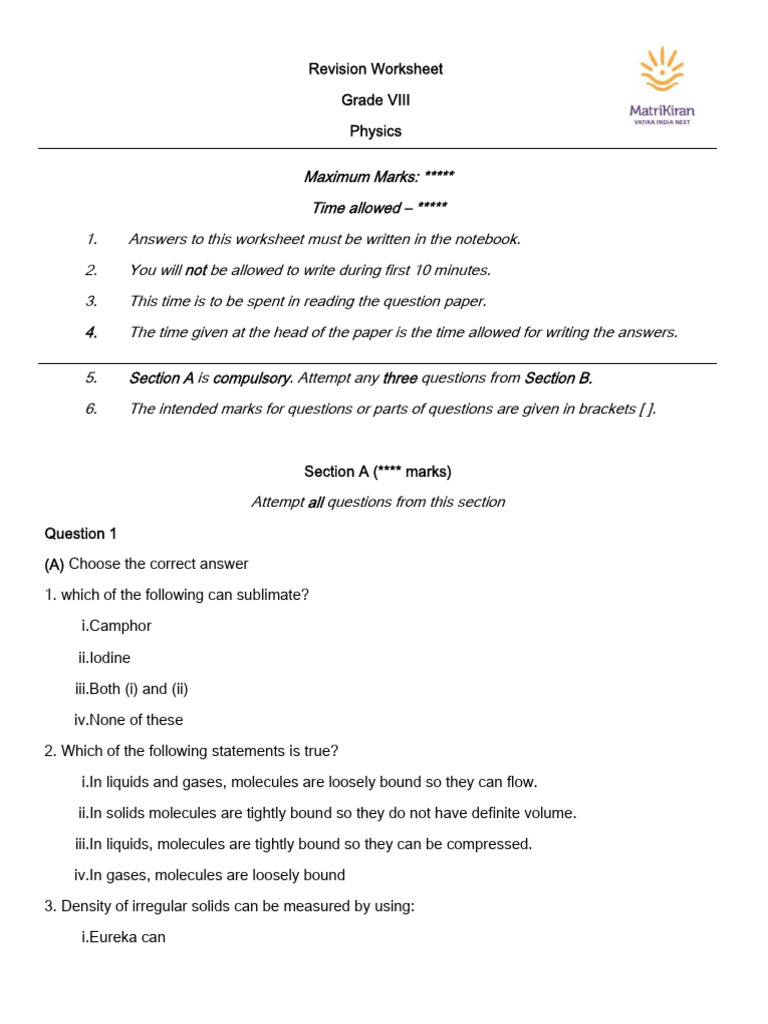 Grade 8 Physics Revision Sheet | PDF | Pressure | Liquids