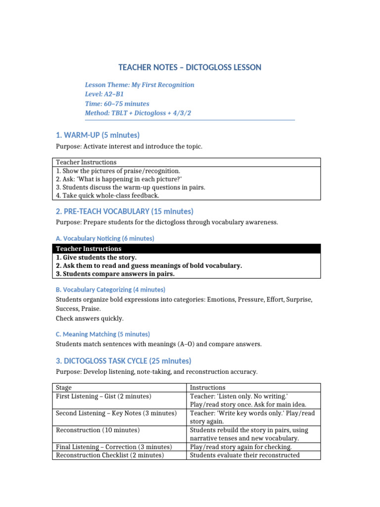 Dictogloss Lesson Plan for A2-B1 Students | PDF | Vocabulary | Fluency