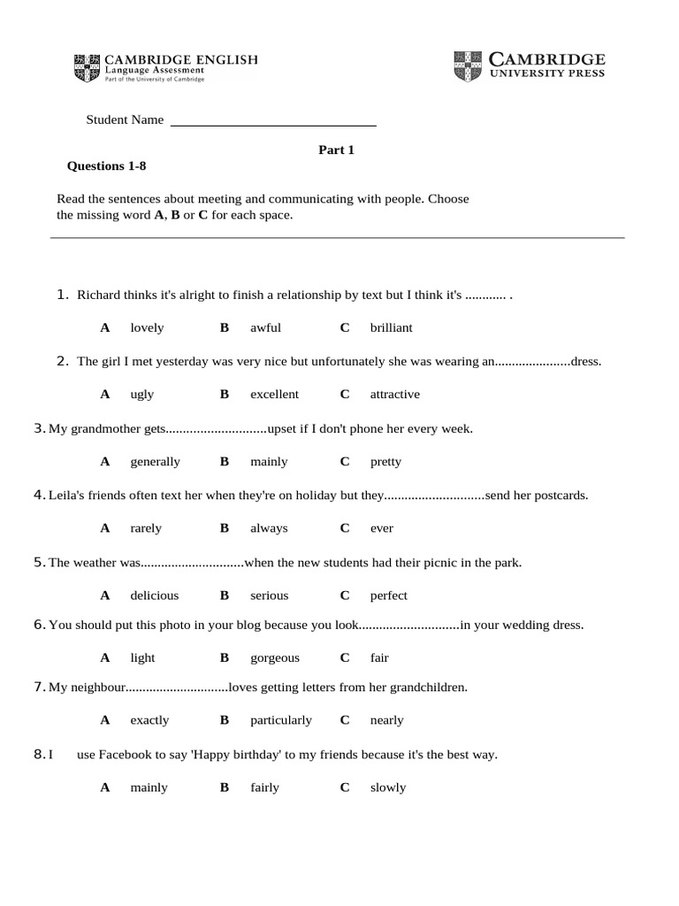 B1 Unit 1 Progress Test | PDF