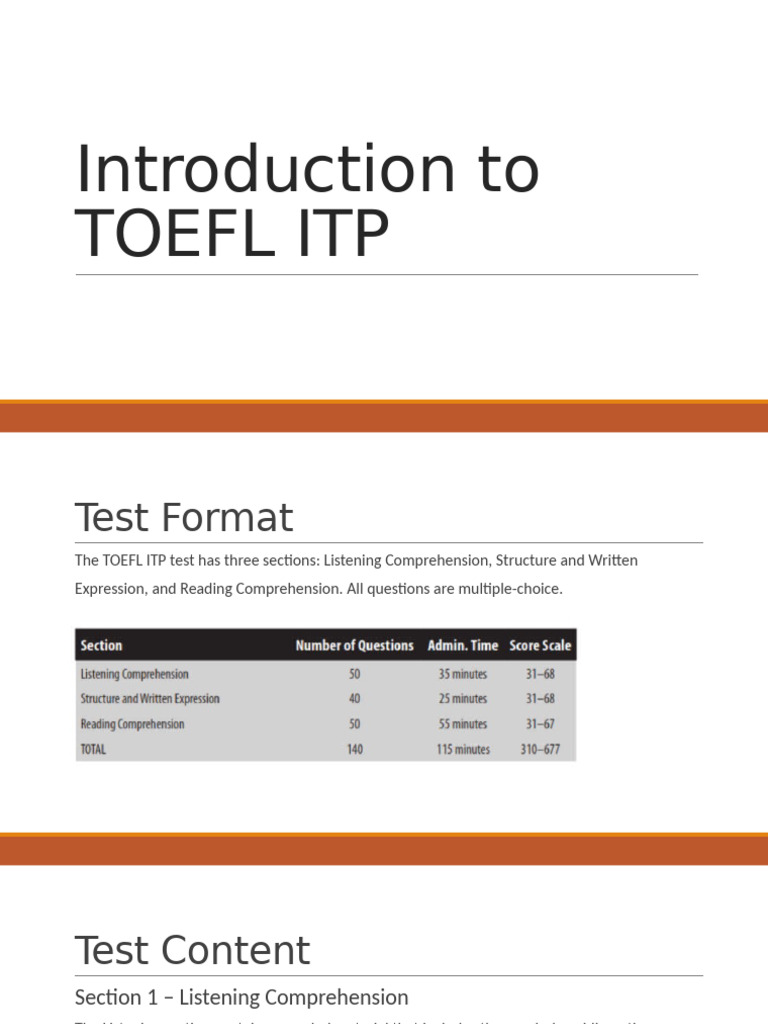 TOEFL ITP Test Format Overview | PDF | Reading Comprehension | English ...