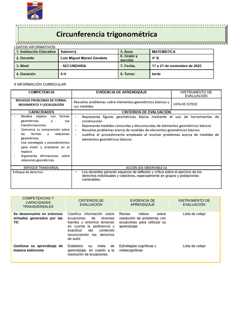 Plan de Clases de Matemáticas 4° B | PDF | Aprendizaje | Geometría