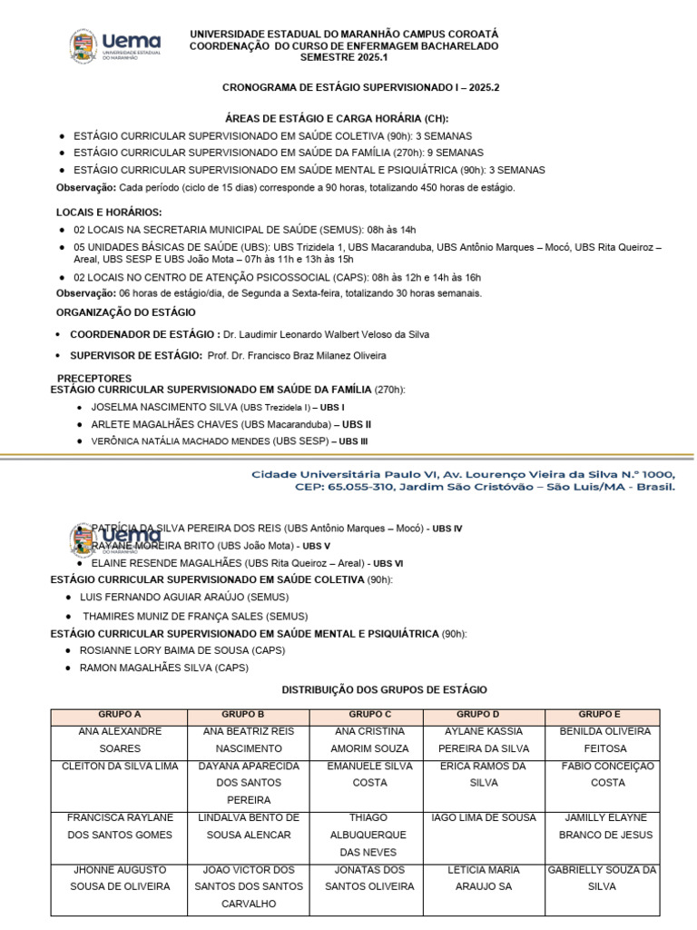 Cronograma de Estágio em Enfermagem 2025.1 | PDF | Saúde mental