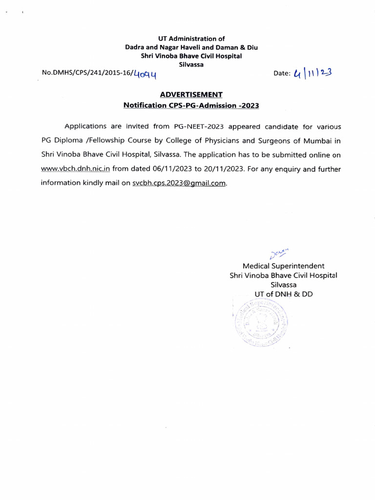 PG Admission Notification 2023 - Silvassa | PDF