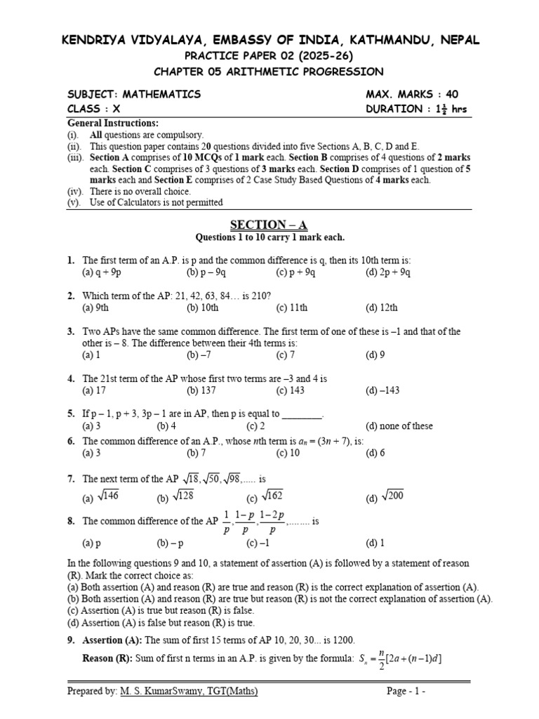 Class X Arithmetic Progression Practice Paper | PDF | Mathematics