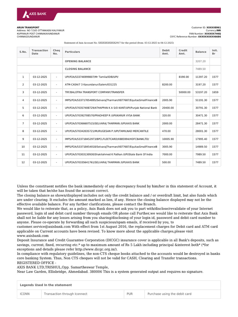 Axis Bank Statement for Arun Transport | PDF | Debit Card | Banks