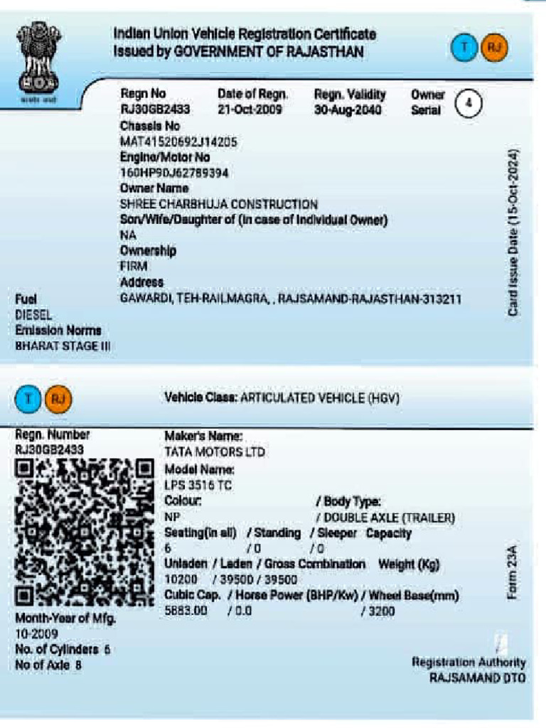 Rajasthan Diesel Vehicle Registration Details | PDF