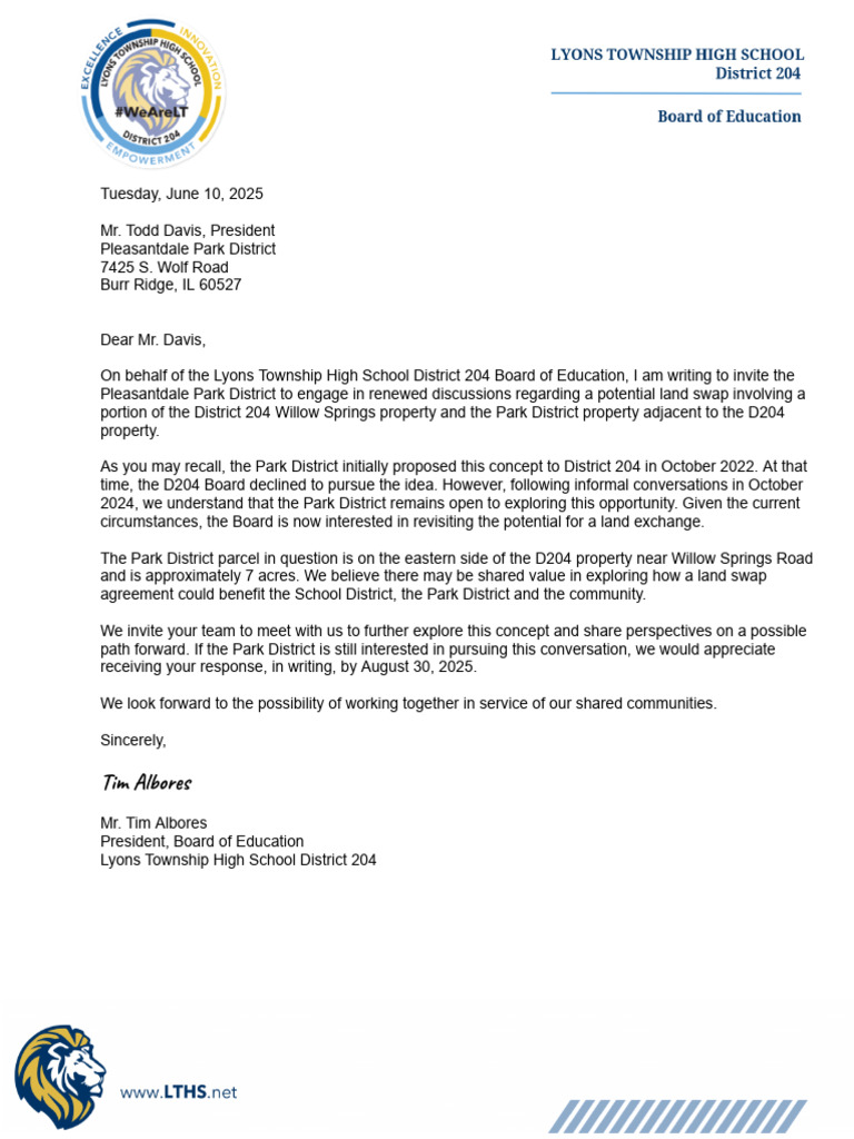 Lyons Township High School Letter To Pleasant Dale Park District | PDF