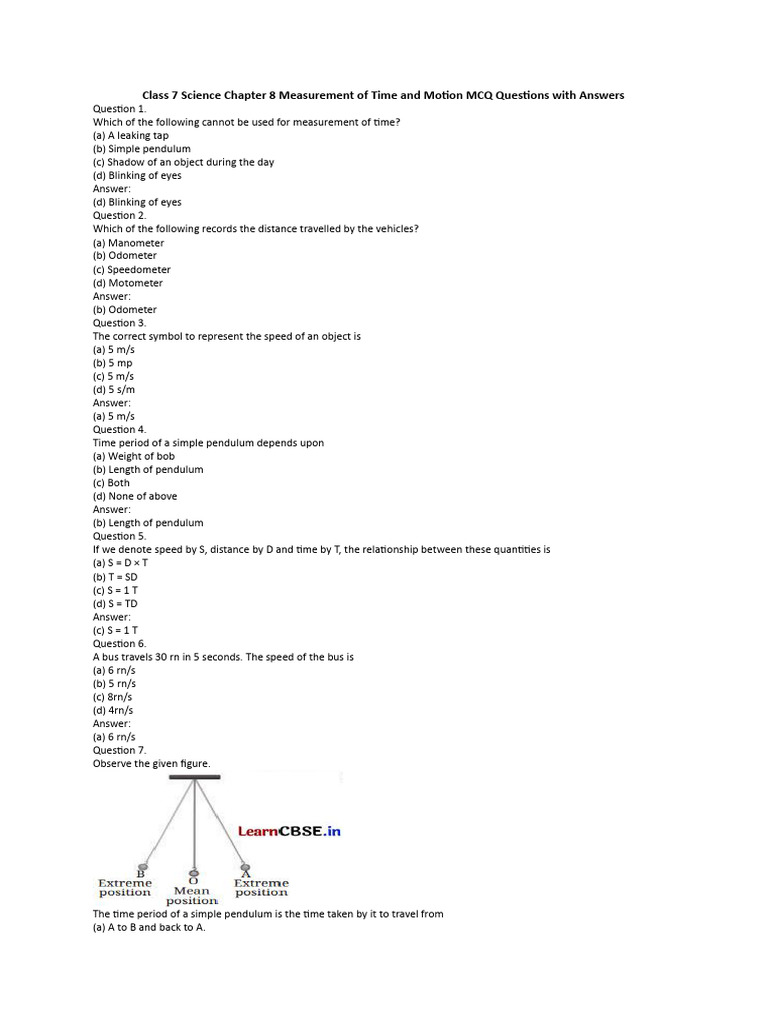 Time and Motion MCQs for Class 7 | PDF | Pendulum | Speed