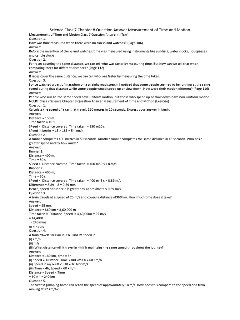 Class 7 Measurement of Time & Motion Q&A | PDF | Speed | Mechanics