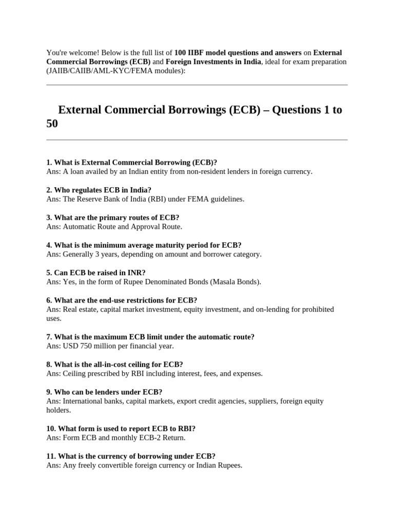 100 ECB & Foreign Investment Q&A Guide | PDF | Foreign Direct ...