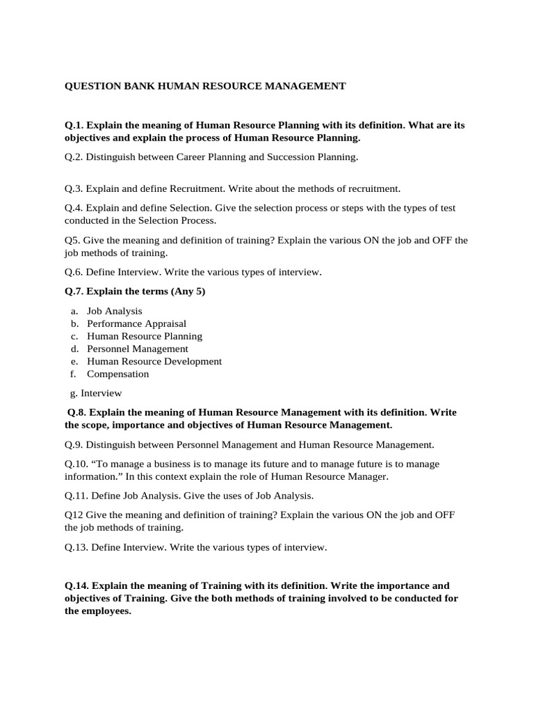 Human Resource Management Question Bank | PDF