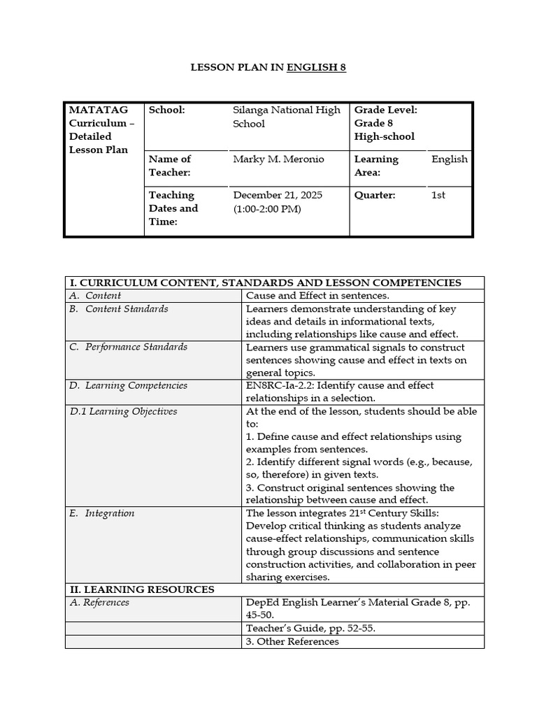 Grade 8 English Lesson Plan: Cause and Effect | PDF | Adverb | Lesson Plan