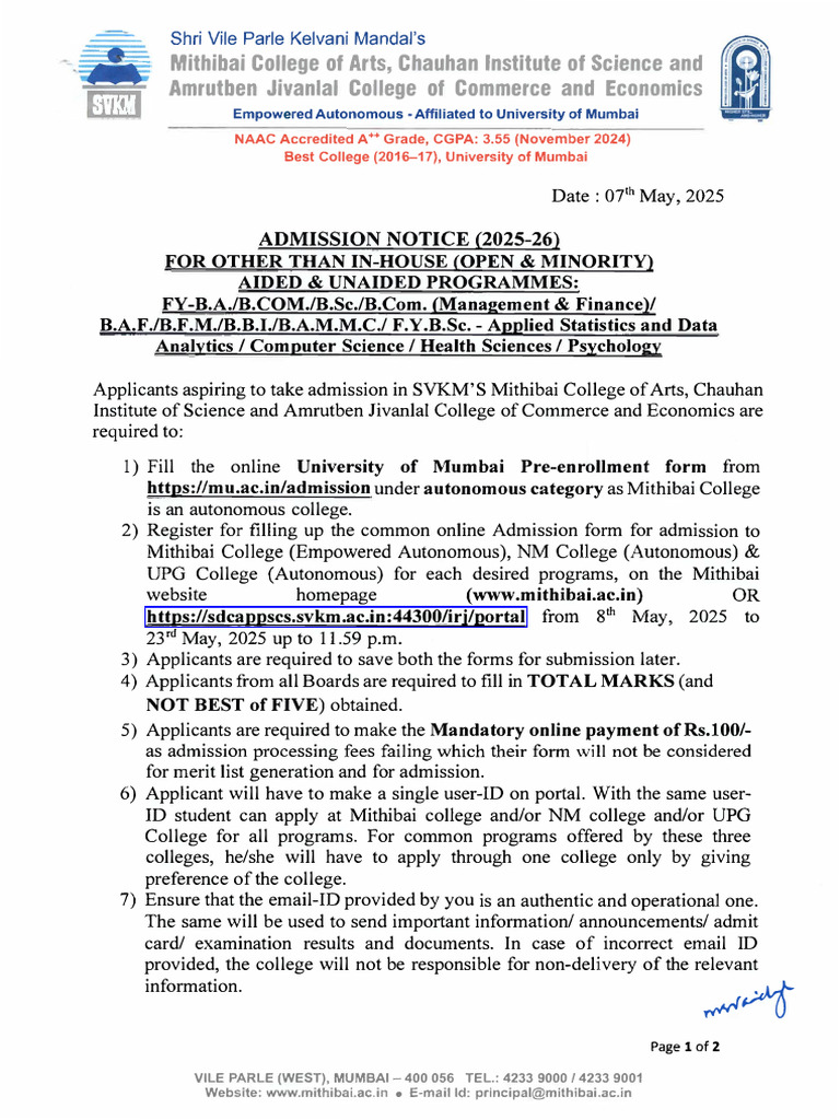 Mithibai College Admission Notice 2025-26 | PDF