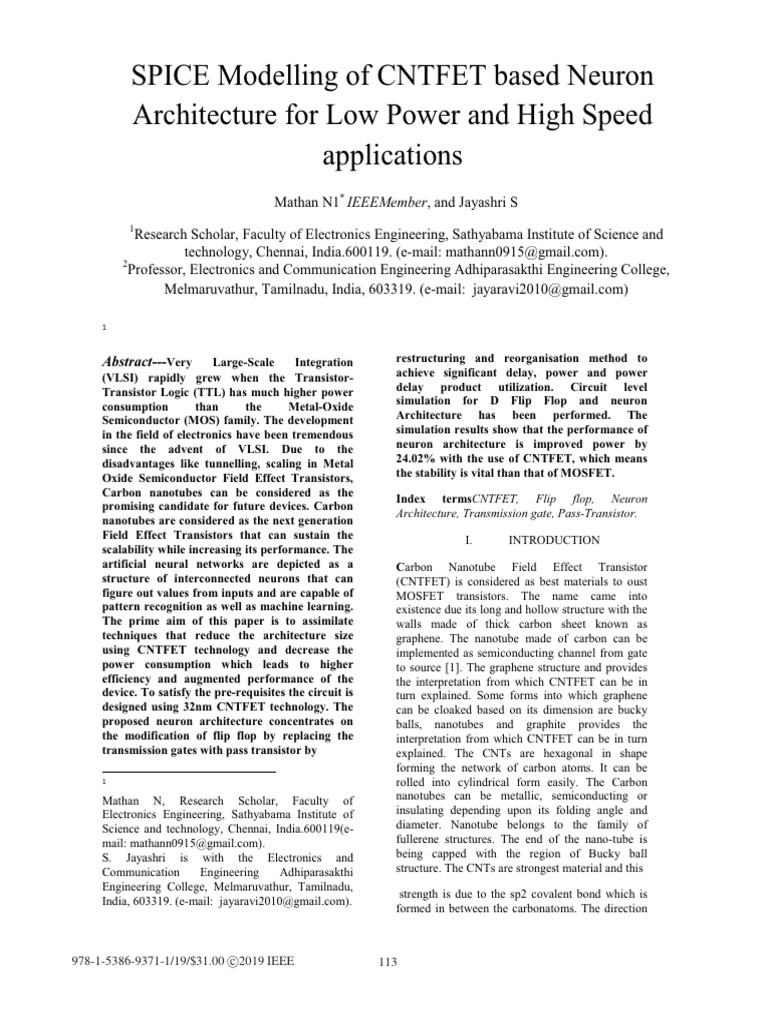 SPICE Modelling of CNTFET Based Neuron Architecture For Low Power and ...