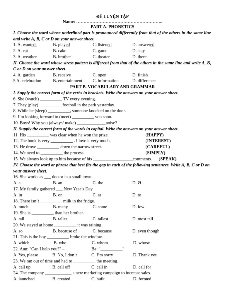 Phonetics and Grammar Practice Test | PDF