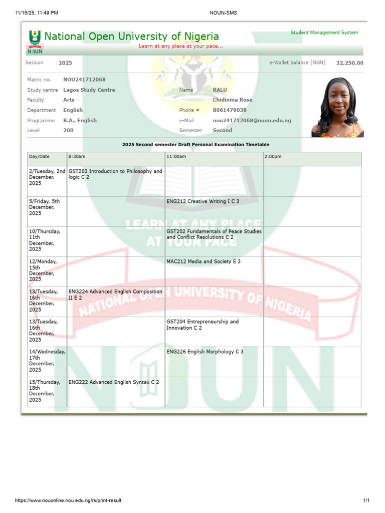 Chidinma Rose Exam Dates NOUN-SMS | PDF