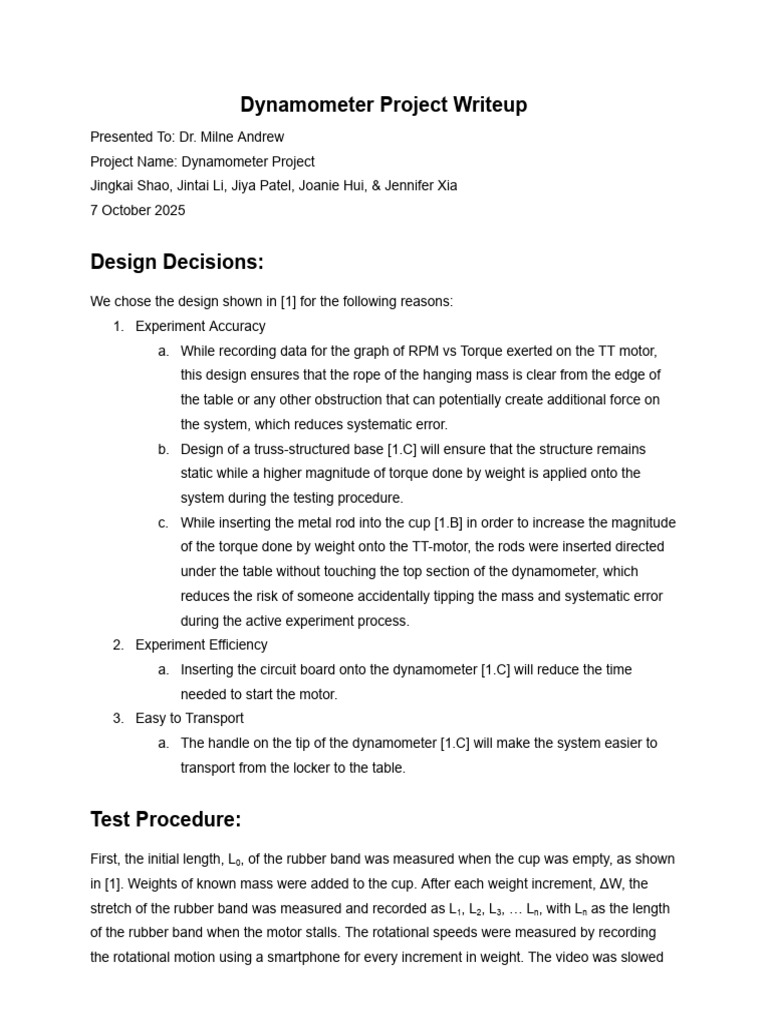 Dynamometer Project Analysis and Results | PDF | Force | Torque