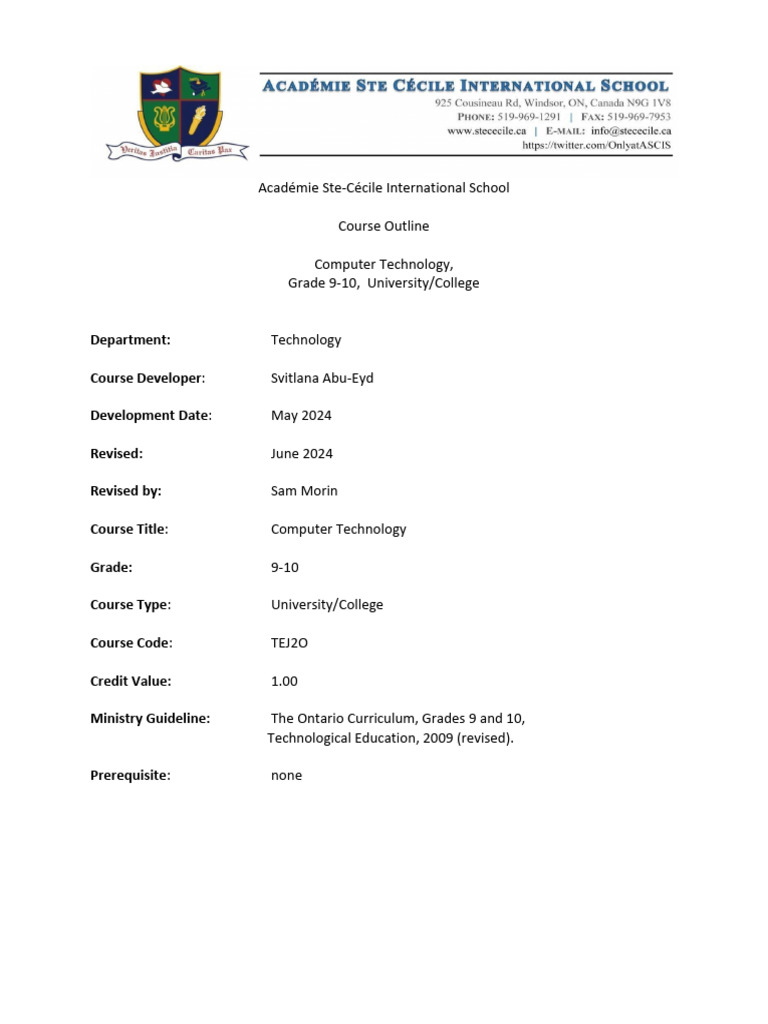 Course+Outline+TEJ2O+Computer+Technology+Gr+9 10 (1) | PDF ...