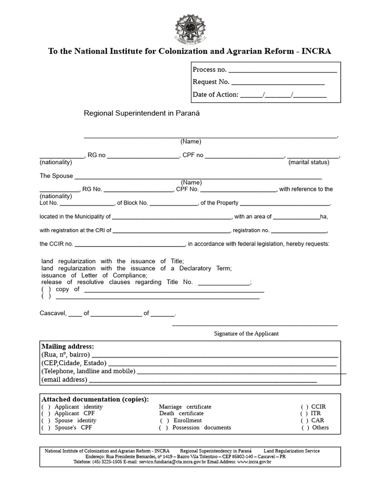 Land Regularization Request Form INCRA | PDF | Marriage, Unions And ...