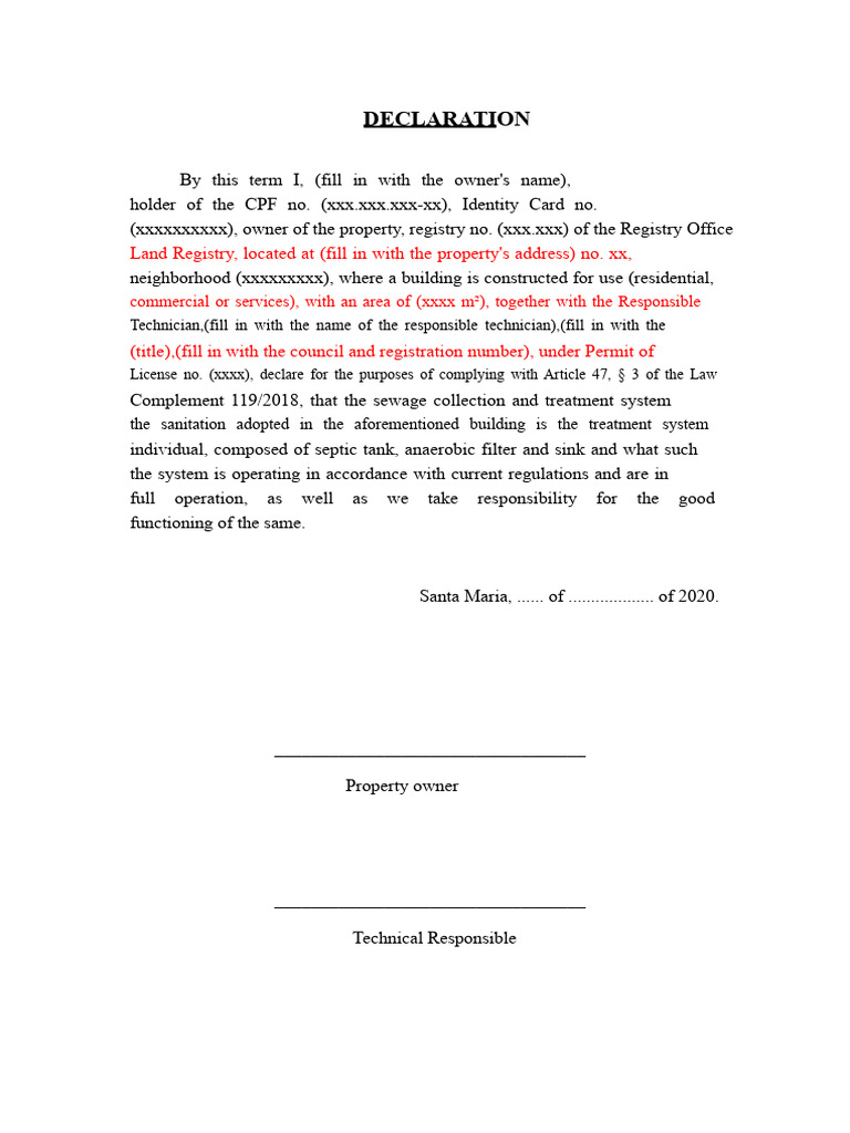 Sewage System Declaration Template | PDF