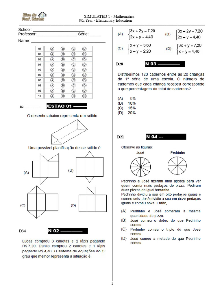 Simulated 01 (Math 9th Grade - Blog of Prof. Warles) | PDF