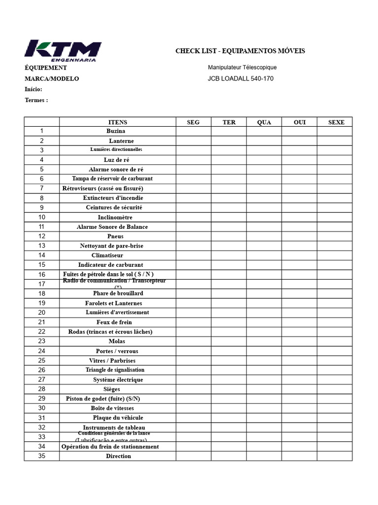 Checklist Équipements Mobiles JCB Loadall | PDF